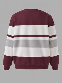 Men's Scoop Neck Sweatshirt Top, Burgundy Striped With Digital Print Logo, Suitable For Autumn/Winter - Multicolor - View 3