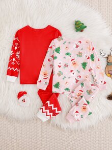 Cozy Pixies 嬰兒/幼兒可愛舒適新年聖誕馴鹿卡通雪人聖誕樹聖誕老人圖案長袖上衣 + 長褲貼身居家服2件套（4件裝） - 彩色 - 查看 2