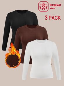 SHEIN EZwear 3件組大尺碼女款天鵝絨保暖修身長袖T恤，多色保暖 - 巧克力棕 - 查看 2