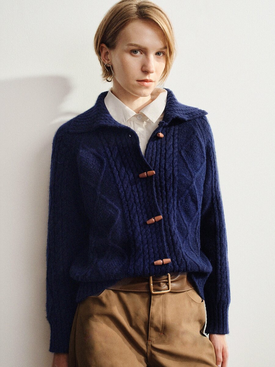 Briarwyn Autumn/Winter New Long Sleeve Turn-Down Collar Horseshoe Button Cardigan Sweater, Versatile Commuter Style, Youthful - Navy Blue - View 1