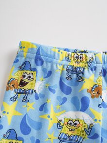 SpongeBob SquarePants | SHEIN Baby Boy Cartoon Print Long Sleeve Top And Leggings Loungewear Set - Blue - View 6