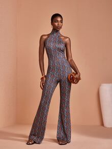 JIAN LASALA All-Over Print Halter Neck Tie Sleeveless Flared Leg Women Summer Jumpsuits Boho Casual - Multicolor - View 1