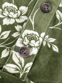 Linhara Blus Wanita Ukuran Plus Elegan, Kasual, Minimalis & Serbaguna Motif Acak Hijau Vintage Lengan Lebar dengan Bagian Depan Setengah Terbuka dan Kerah Tegak Kecil, Cocok untuk Musim Semi dan Gugur - Hijau - View 5