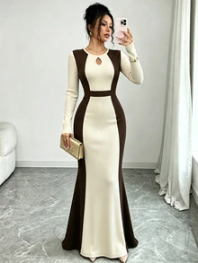 Elenzga Mature Style Slimming Ceiling Coffee & Beige Contrast Vertical Ribbed Fitted Dress, Vintage Hollow Neckline Mermaid Tail Dress - Multicolor - View 5