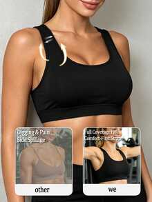 SHEIN Women's Solid Color Casual Daily Sports Bra - Black - View 3