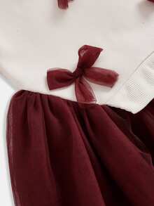 Young Girl Bowknot Decor Mesh Long Sleeve Princess Dress For Formal Occasions And Casual Wear - Red - View 4