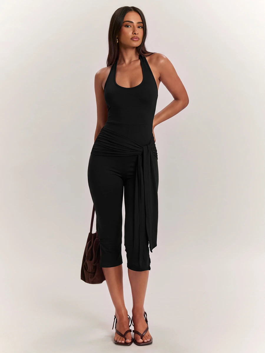 SHEIN BAE Women's Solid Color Casual Daily Wear Halter Neck Jumpsuit Capris - Black - View 1