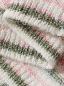 DAZY Women's Colorful Striped Loose Long Sleeve Round Neck Casual Vacation Korean Style Autumn/Winter Knit Cardigan - Pink - View 7