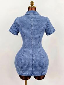 Slaydiva Plus Size Women's Collared Short Sleeve Zipper Denim Mini Dress - Blue - View 2