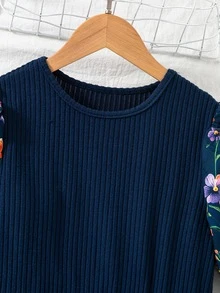 Tween Girls Dress, Navy Blue, Slim Fit, Casual Wear, Fashionable Versatile, Elegant, Floral, Ruffle, Party, Print, Autumn, Sweet - Multicolor - View 6
