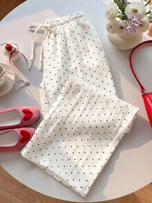SHEIN EZwear 女款休閒舒適白色底黑波點秋冬長褲 - 白色 - 查看 5