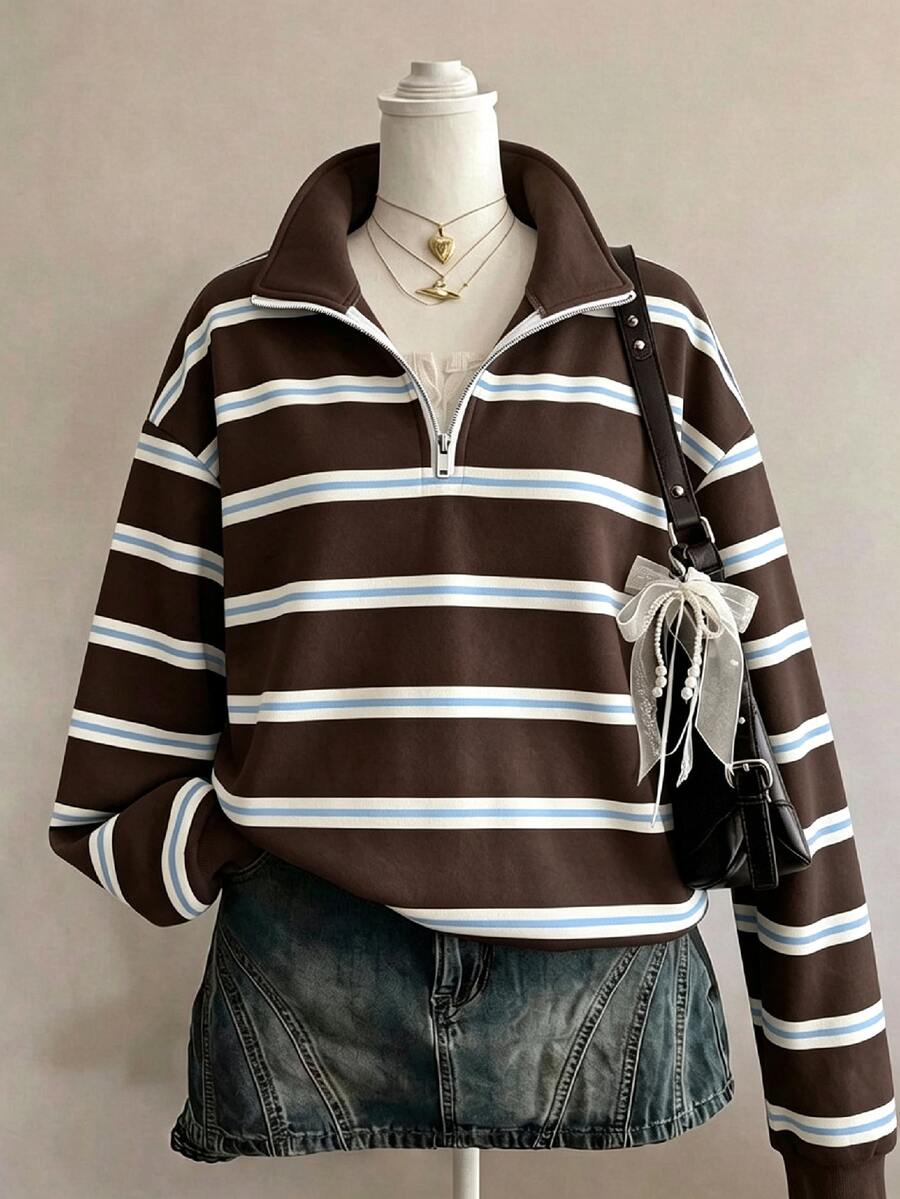 SHEIN EZwear 女款條紋圖案半拉鍊時尚運動衫 - 棕色 - 查看 1