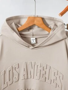 SHEIN 青少年男孩拼色寬鬆長袖連帽衫套裝，冬季，街頭風，畢業季，開學季 - 卡其色 - 查看 4