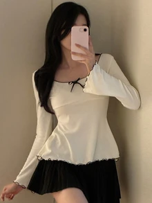 DAZY Contrast Color Wavy Edge Ruffle Bow Slim Fit Long Sleeve Flare Cuff Casual Vacation Korean Style Spring Autumn Women T-Shirt - Apricot - View 1