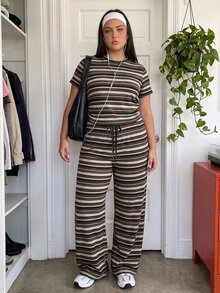 Comfortcana 女款大尺碼休閒短袖T恤與抽繩長褲條紋兩件套 - 棕色 - 查看 4