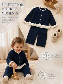 SHEIN Set Kardigan Rajut & Celana Bayi Perempuan Warna Biru Navy dengan Aksen Kontras dan Rumbai, Outfit Sweater 2 Potong Bergaya - MultiWarna - View 8