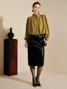 Arave Women's Blouse Puff Sleeve Loose Pleated Metallic Texture Retro Stand Collar Gold Button Puff Shoulder Hidden Placket Elegant Gold Blouse Commuting - Mustard Yellow - View 7