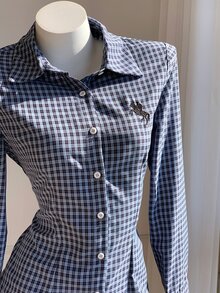 Comfortcana Women's Korean Style Embroidered Plaid Single Breasted Long Sleeve Shirt - Blue - View 7