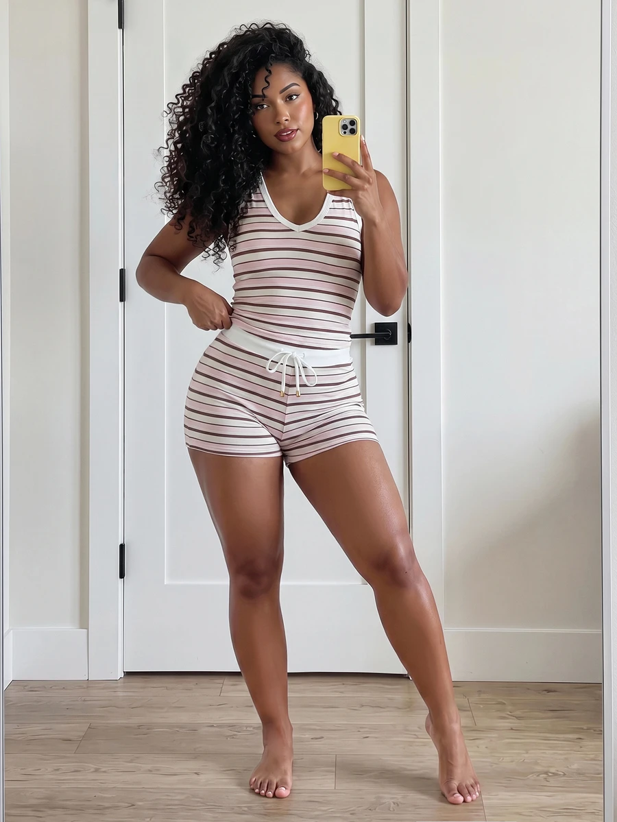 SHEIN Core Rhythm Women's Striped Colorblock Tank Top & Drawstring Waist Shorts Sports Set - Blue - View 1