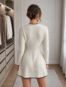 Easowa Women's Metal Decor Shell Embroidery Long Sleeve Sweater Dress - White - View 5