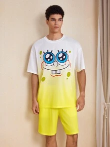 SpongeBob SquarePants | SHEIN طقم ملابس رجالي كاجوال للارتداء اليومي والمنزلي، توب بأكمام قصيرة وشورت بطبعة كرتونية - أصفر - مشاهدة 3