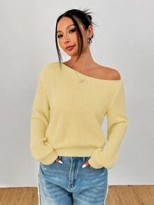 SHEIN PETITE 女款純色單肩休閒日常長袖針織衫 - 淡黃色 - 查看 4