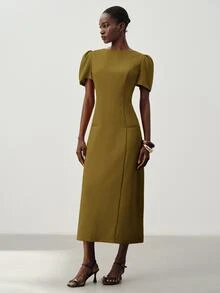 Aveloria Modichic Solid Puff Sleeve Longline Dress Office Tea Party Olive Green Summer Elegant Minimalist - Green - View 3