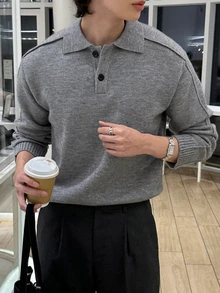 DAZY 秋冬男士 Polo 領半鈕扣開襟針織衫，露縫線設計，麻灰色 - 灰色 - 查看 4