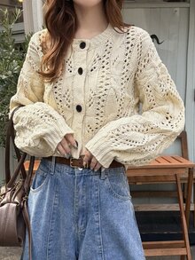 FRIFUL Setelan Sweater Wanita 2 Potong dengan Desain Berongga dan Kancing Satu Baris, Cocok untuk Kencan, Liburan, Pesta, Brunch, Warna Putih Krem untuk Musim Gugur dan Musim Dingin - Khaki - View 5