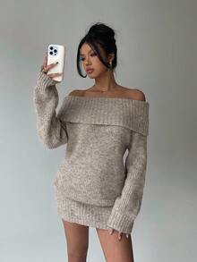 Aloruh 秋冬灰色年輕辣妹露肩翻領特殊領長袖迷你灰色上寬下窄女款針織洋裝 - 卡其色 - 查看 7