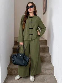 Easowa Curve Women's Plus Size Long Sleeve Loose Casual 2 Pieces Set - Army Green - View 3
