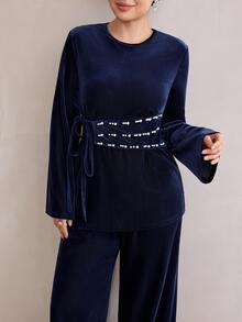 Graceveil Navy Blue Ribbed Velvet Crew Neck Long Sleeve Top & Pearl Waistband Wide Leg Pants Two Pieces Set - Royal Blue - View 1