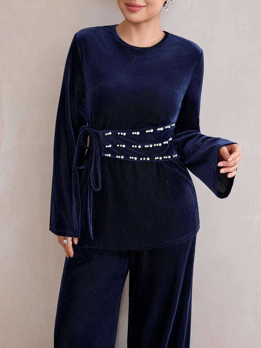 Graceveil Navy Blue Ribbed Velvet Crew Neck Long Sleeve Top & Pearl Waistband Wide Leg Pants Two Pieces Set - Royal Blue - View 1