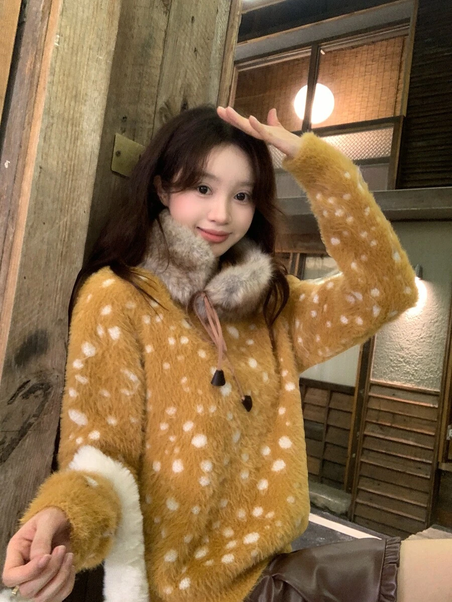 DAZY Women's Round Neck Colorblock Autumn/Winter Niche Korean Style Long Sleeve Sweater - Khaki - View 1