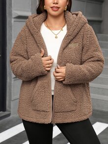SHEIN Clasi Jaket Lengan Panjang Kasual Serbaguna Wanita Ukuran Besar Warna Polos dengan Resleting - Khaki - View 5