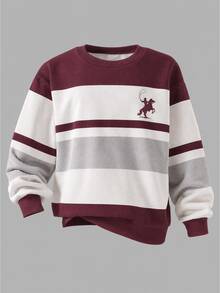 Men's Scoop Neck Sweatshirt Top, Burgundy Striped With Digital Print Logo, Suitable For Autumn/Winter - Multicolor - View 2
