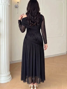 Modelyn Women's Asymmetric Shoulder Long Sleeve Ruched Waist Design Embroidered Mesh High Elastic Pleated Elegant Party Plus Size Dress - Black - View 2