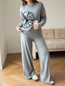 Feyla Set Rajut Atasan Lengan Panjang Motif Bunga & Celana Wanita - Grey - View 3
