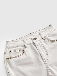 ROMWE Fairycore Women's Vintage Y2K Ultra Low Waist Super Short Distressed Washed Back Pocket Butterfly Pattern Rivet Denim Jeans - White - View 3