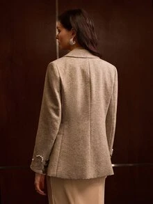 MOTF PREMIUM WOMEN'S AUTUMN/WINTER WOOL BLEND DOUBLE-BREASTED BLAZER WITH JEWELED EMBROIDERY DECORATION - Khaki - View 4