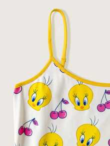 LOONEY TUNES X SHEIN 女款全幅卡通印花時尚可愛細肩帶睡裙 - 白色 - 查看 4