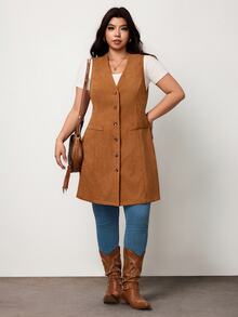 Truni Plus Size Women's Western Style Casual Corduroy Vest Long Coat Pear Body,Triangle Body Fall - Brown - View 6