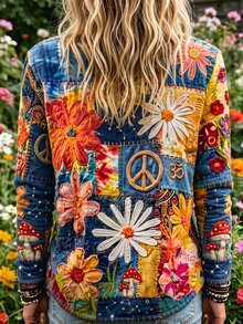 Selamara 女款復古嬉皮風和平符號雛菊花丹寧拼接印花T恤，女款休閒長袖T恤 - 彩色 - 查看 2