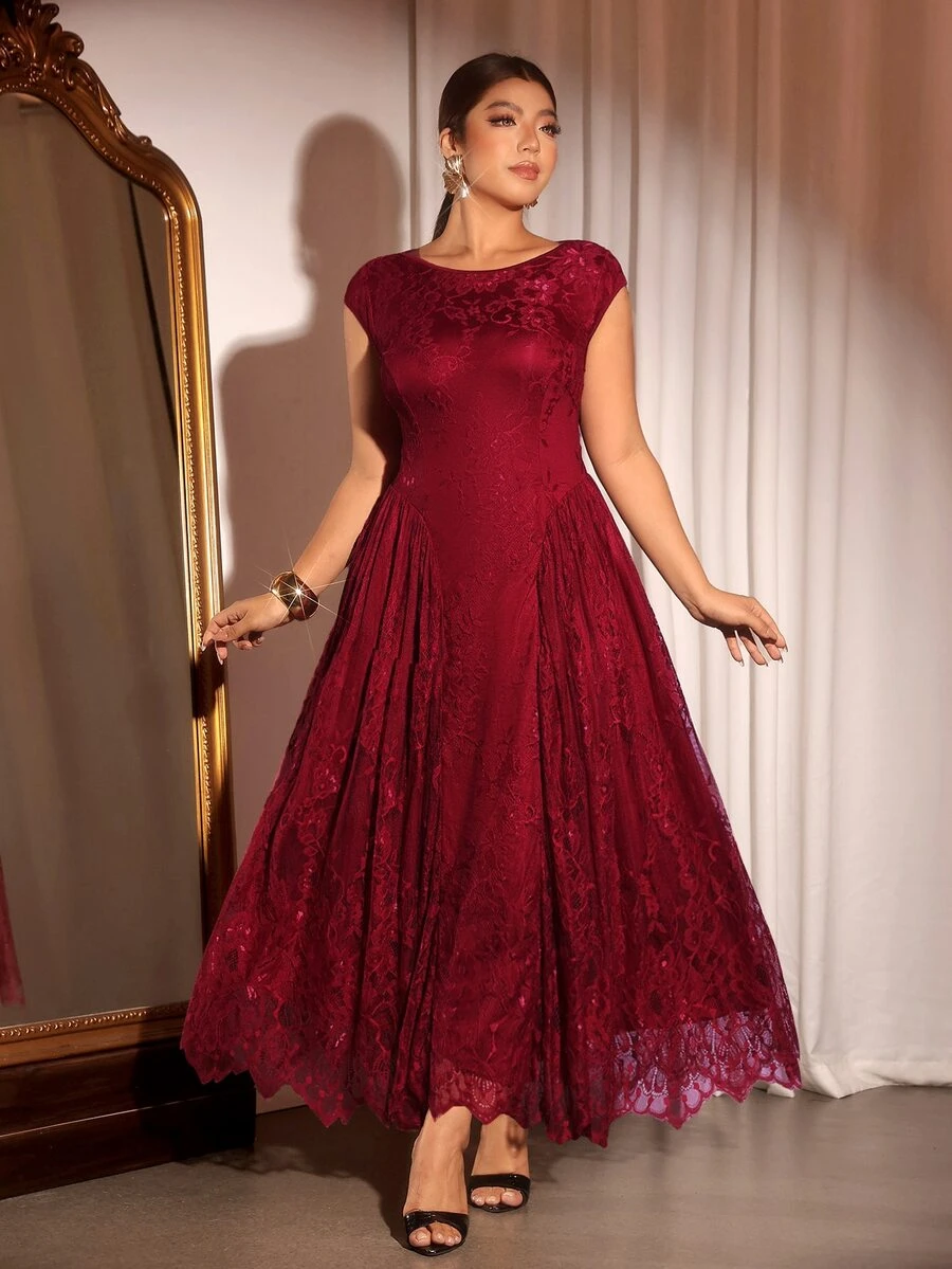 Cravure Plus Size Elegant Party Boat Neck Umbrella Hem Lace Maxi Dress - Burgundy - View 1