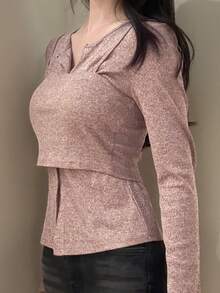 DAZY Solid Color Fitted Long Sleeve Cardigan & Short Camisole Casual Vacation Korean Style Daily Spring Autumn Women's 2 Pieces Set - Pink - View 9