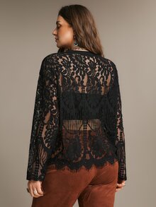 Freevana Plus Size Women Fashion Party Lace Long Sleeve Blouse - Black - View 2
