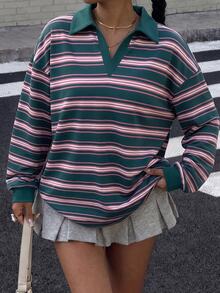 Muchica 女款 Polo 領長袖寬鬆運動衫，學院風綠色與紫色條紋，休閒極簡日常百搭，約會與外出穿搭，女款秋季服飾，秋季穿搭，女款通勤穿搭，百搭上衣，外出穿搭，機場穿搭 - 彩色 - 查看 3