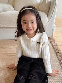 DAZY 女嬰刺繡蝴蝶結裝飾 Polo 領鏤空針織毛衣 - 白色 - 查看 6