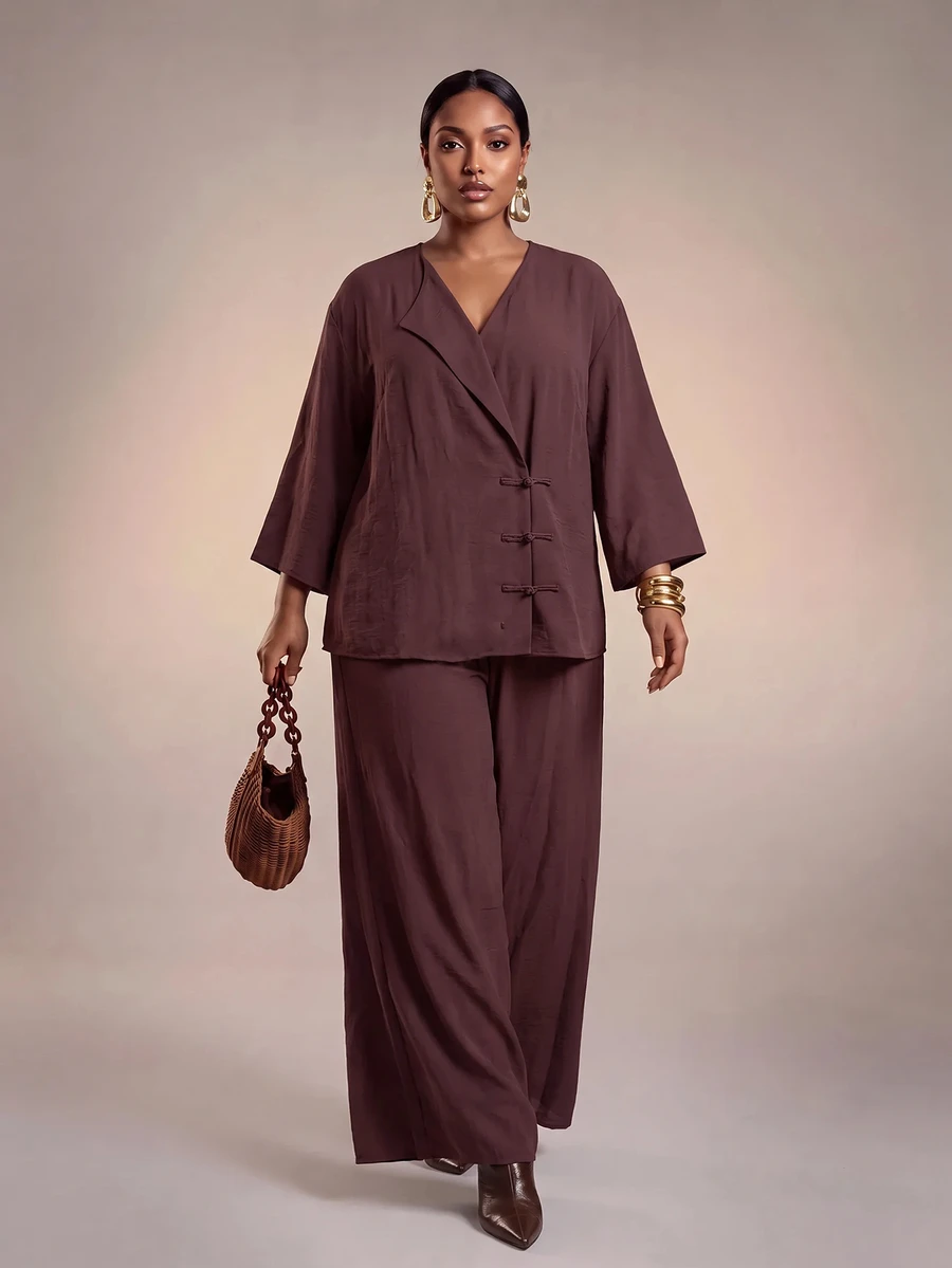 Zivah 2-delat set för kvinnor i plus size, enfärgat, ny kinesisk stil, topp och byxor, avslappnat och elegant, för höst, brunch och fest, brunt - Brun - Visa 1