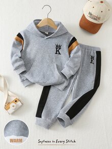 Cozy Pixies 2件組兒童小男孩休閒日常舒適連帽套頭撞色長袖運動衫與運動長褲針織套裝 - 灰色 - 查看 1